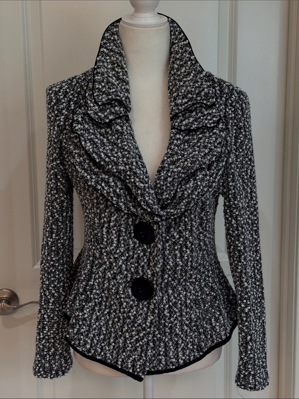 Joseph Ribkoff Black & White Tweed Elegant Business Ruffle Collar Blazer
